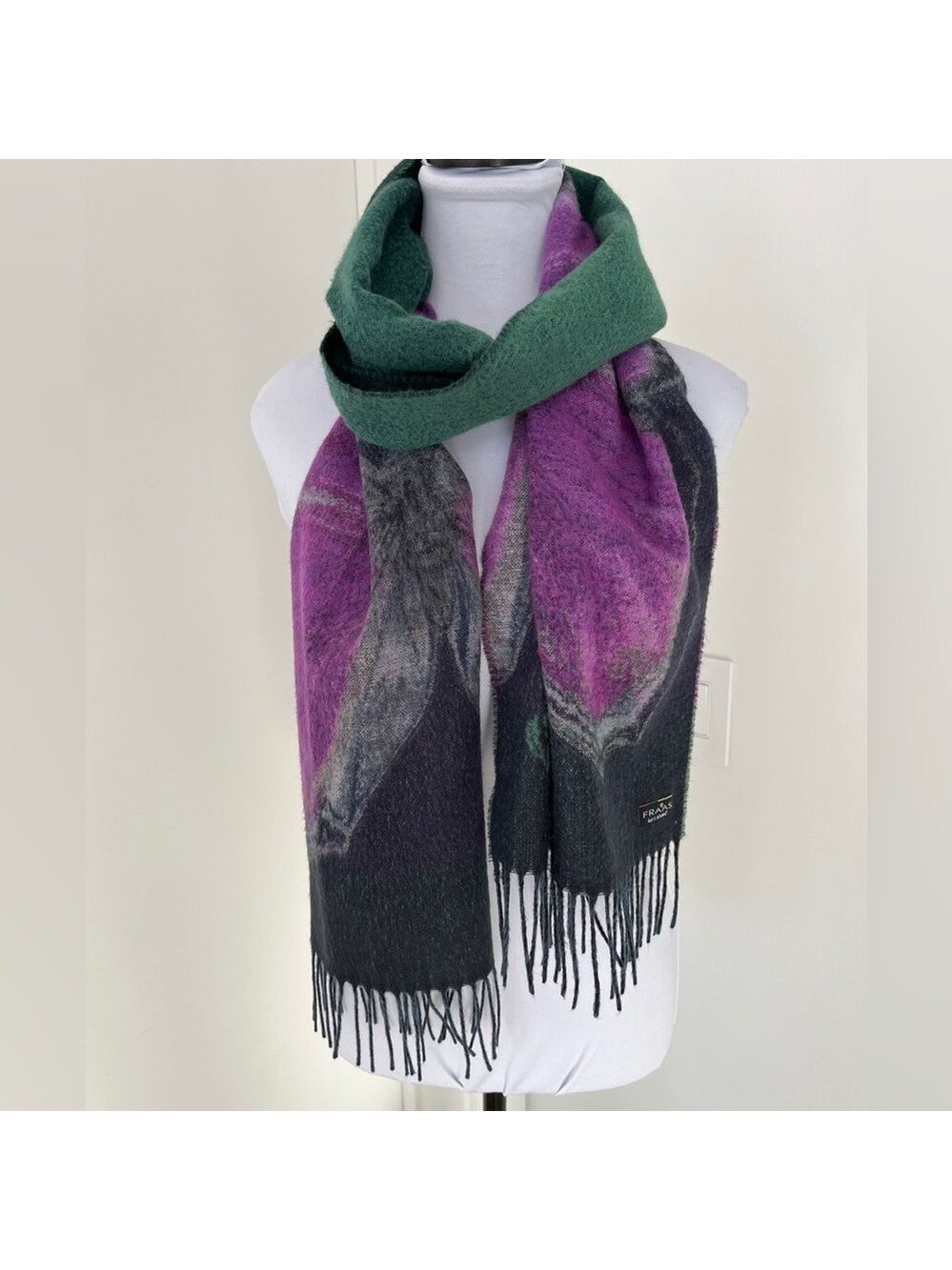 FRAAS Cashmink Winter Scarf Fringe Butterfly Thistle Pattern Reversible Cozy